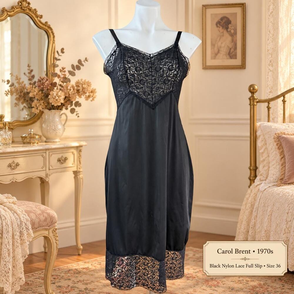 Vintage Carol Brent Lingerie 1970s Black Nylon Lace Full Slip Size 36